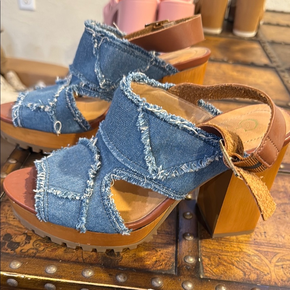 Blue and Brown Platform Denim Heels